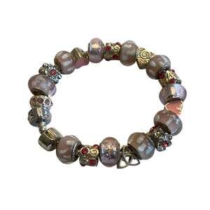 Pink beaded bracelet silver tone chain variety glass beads hearts & rhinestones